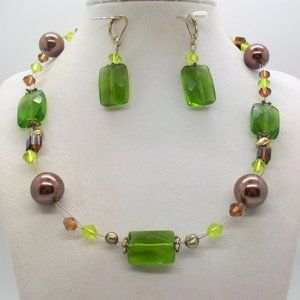 Green Brown Floating Bead Faux Pearl Necklace and Earrings Set